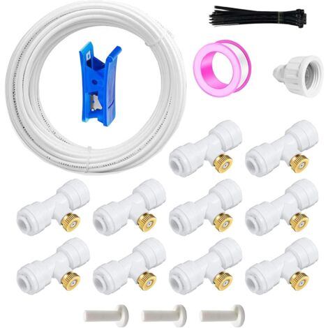 10m Kit d’Irrigation Système avec 10 Buses de Brume Joint en T,Système Refroidissement parbrumisateur par Brouillard pour Jardin,Serre(Blanc -