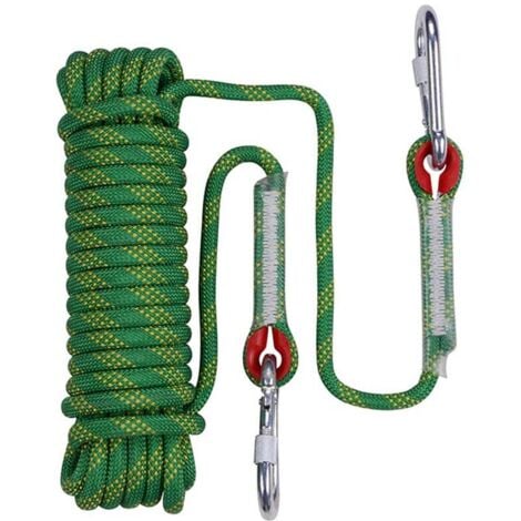 ODIPIE 10m Outdoor Climbing Safety Rope with 2 Carabiners for Abseiling 10mm Climbing Ropes for Working at Height Fire Escape Rappelling Camping Green