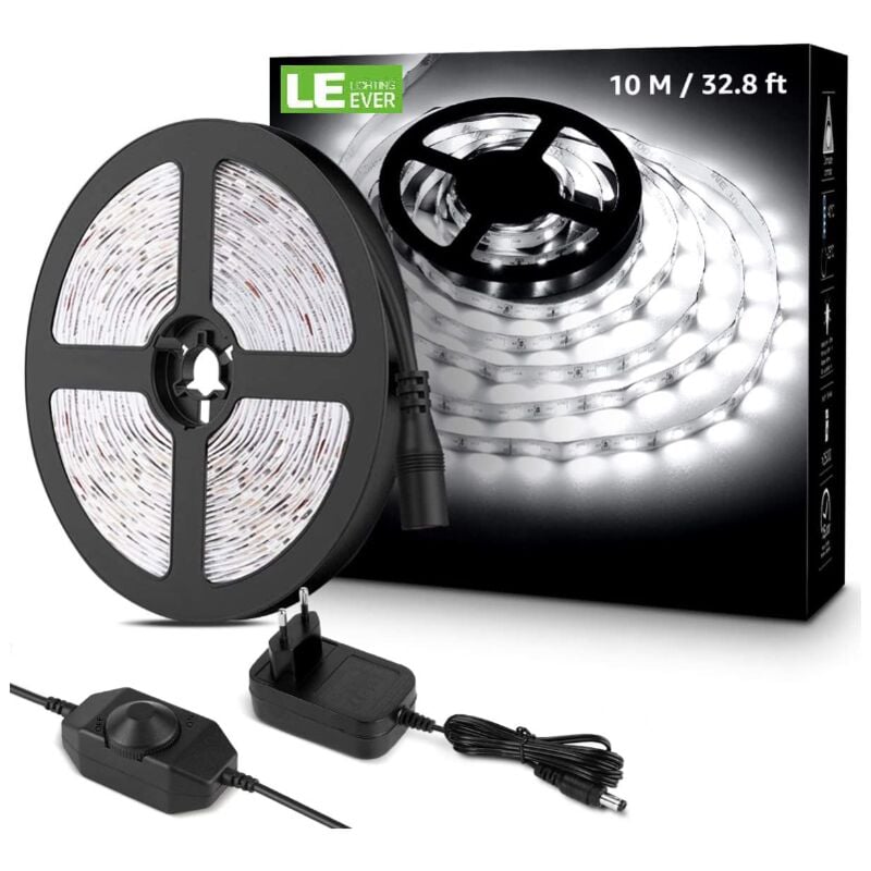 10M Ruban led Dimmable, Bande led Blanc Froid 6000K 600 LEDs smd 2835, 12V Bandeau led Autocollant avec Variateur, Connecteurs+Transformateur,