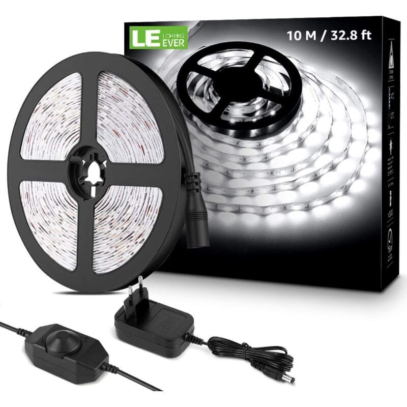 10M Ruban LED Dimmable, Bande LED Blanc Froid 6000K 600 LEDs SMD 2835, 12V Bandeau LED Autocollant avec Variateur, Connecteurs+Transformateur,
