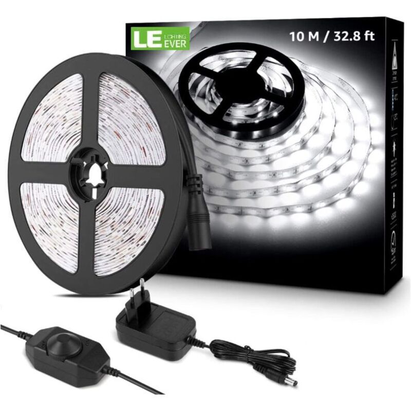10M Ruban led Dimmable, Bande led Blanc Froid 6000K 600 LEDs smd 2835, 12V Bandeau led Autocollant avec Variateur, Connecteurs+Transformateur,
