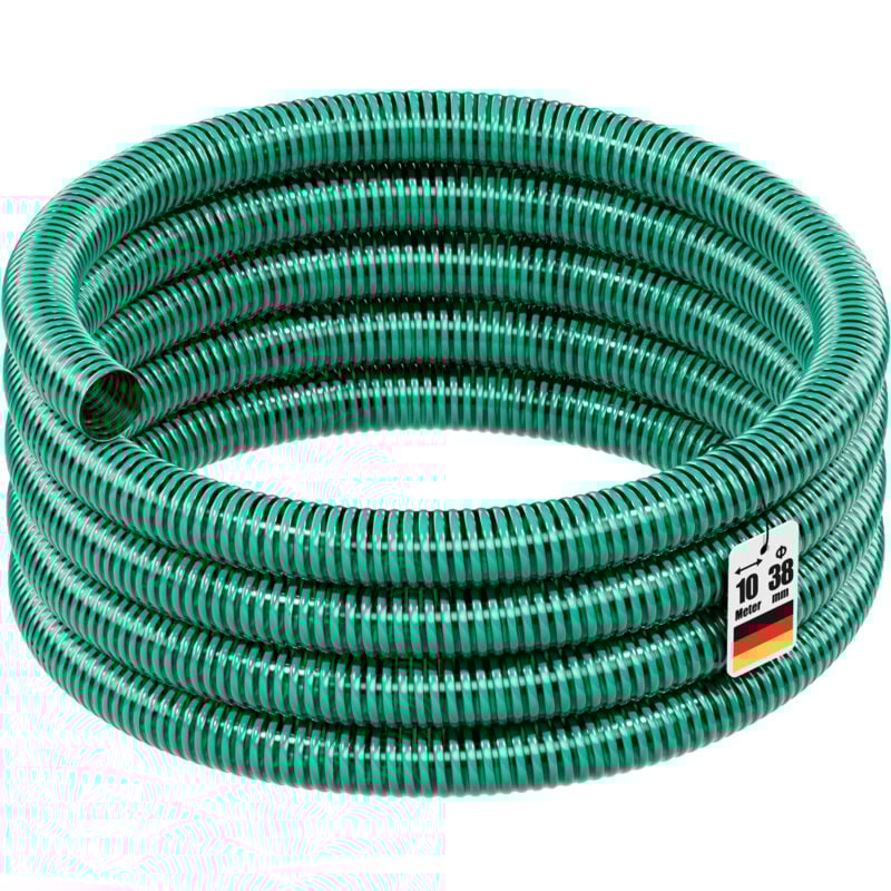 Tuyau d'aspiration vert – 10 m / ø 38 mm (1 1/2') / 350 g/m – avec Spirale de renforcement – Tube à pression souple en pvc – pour Arrosage Irrigation