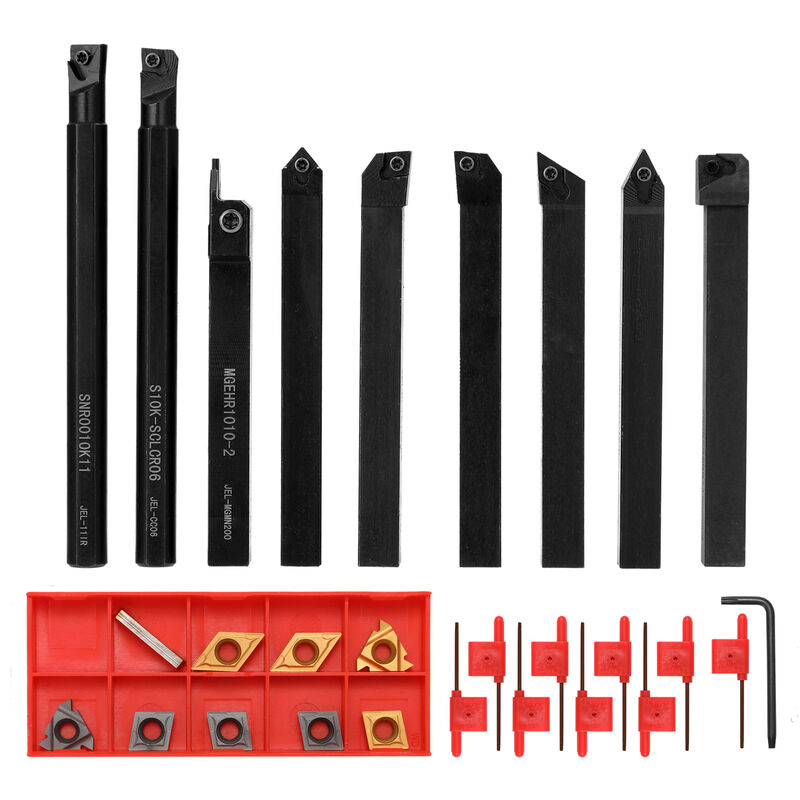 Image of Set di utensili per tornitura da 9 pezzi da 10 mm Tornio per fresatura in metallo ad alta durezza Barra per utensili cnc con chiave con inserto