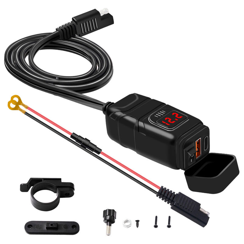 LIFCAUSAL Chargeur Moto USB/Type-C Super Rapide QC3.0 avec Voltmètre et Interrupteur ON/OFF Compatible Smartphones/Tablettes 7/8 Pouces pour Guidon