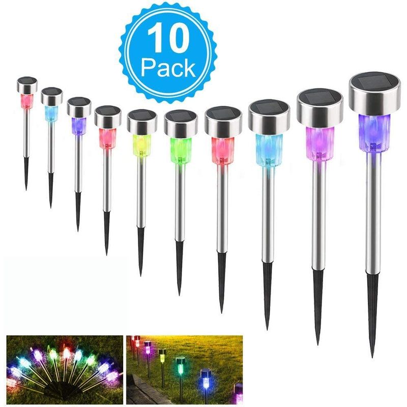 Langray - 10Pack 6Color Solar Garden Lights/Path Lights, Stainless Steel Led Pathway Landscape Lighting for Patio, Yard, Garden