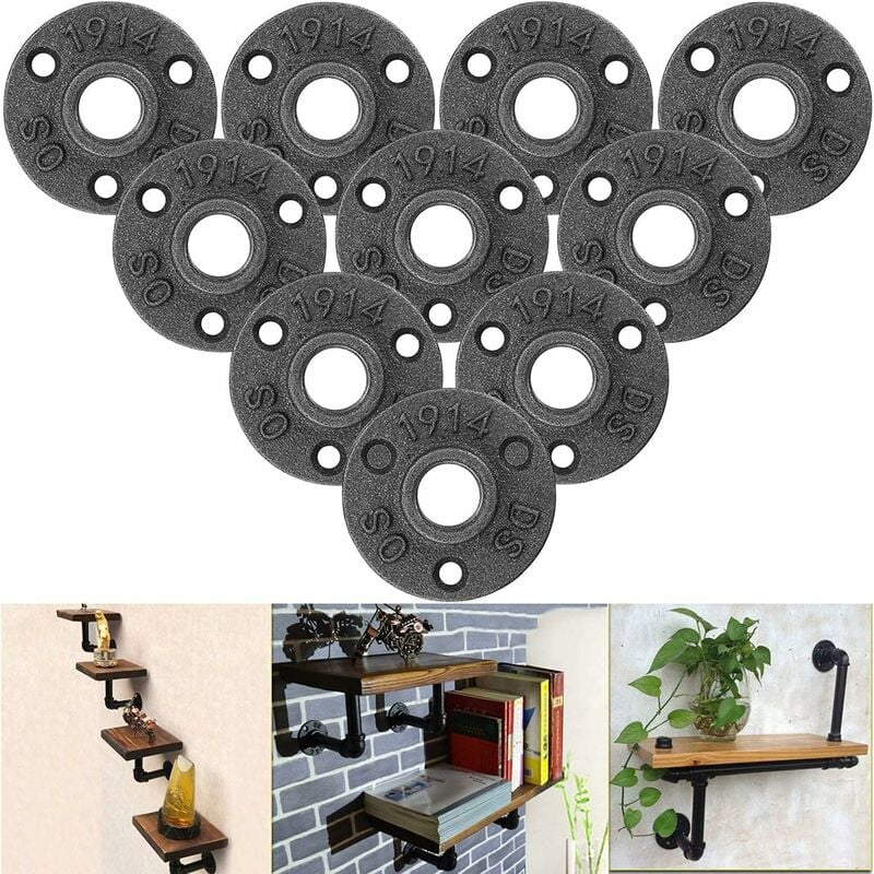 Aougo - 10Pcs 1/2' Bride de Plancher, Bride Filetée Brides de Tuyauterie Fonte Noir Raccord Fileté 3 Trous pour Industrielle, Meubles et Bricolage