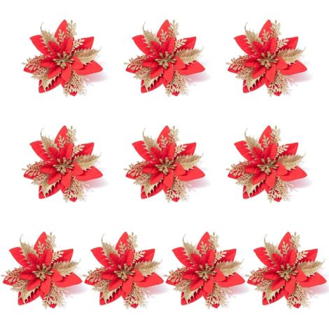 10pcs 14cm Poinsettia Künstliche Blumen Glitzer Weihnachtsblume Für Xmastree Dekoration Hochzeitsfeier Kranz Ornamente Hochzeitsdekorationen