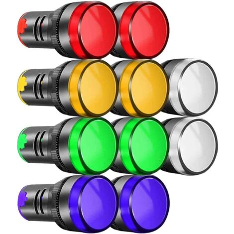 10Pcs 22mm Indicateur Lumineux 220-380VAC LED Montage sur Panneau Encastré (Rouge/Vert/Bleu/Orange/Blanc, Chaque Couleur 2pcs)