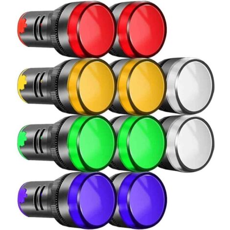 10Pcs 22mm Indicateur Lumineux 220-380VAC LED Montage sur Panneau Encastré (Rouge/Vert/Bleu/Orange/Blanc, Chaque Couleur 2pcs)