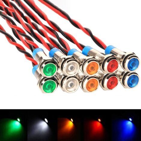 10pcs AC/DC 12-24V 6mm Voyant LED en Métal,Diode Ampoule LED Câblé,LED Indicateur Panneau Pilote Témoin d'avertissement pour Van,Bateau et Autres Véhicules Universels
