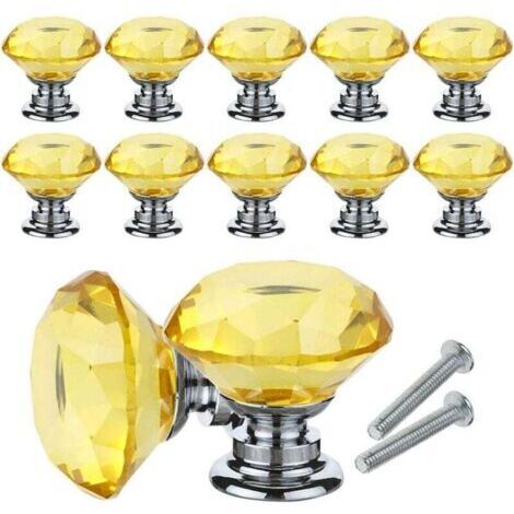 10Pcs Bouton de Meuble Cristal, Poignées de Bouton en Cristal de Diamant, 30mm Bouton de Porte Meuble Tiroir Placard avec Vis pour Accueil Bureau, Commode, Cuisine et plus (Jaune)
