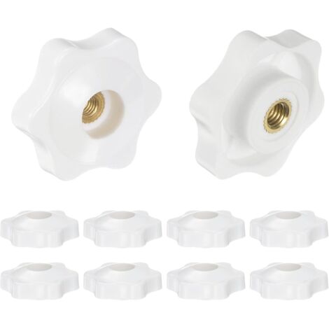 10Pcs Boutons Étoiles M5 Filetage Femelle 32mm Tête en Plastique Poignées de Serrage à Visser en Laiton à Trou Traversant, Boutons à Main Filetés, Blanc