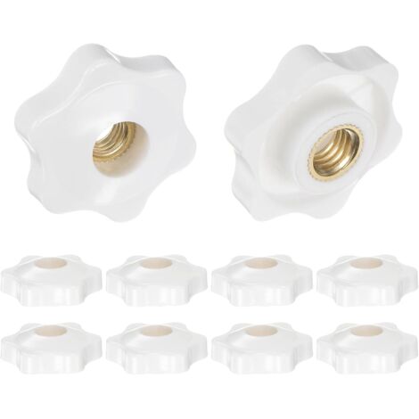10Pcs Boutons Étoiles M8 Filetage Femelle 32mm Tête en Plastique Poignées de Serrage à Visser en Laiton à Trou Traversant, Boutons à Main Filetés, Blanc