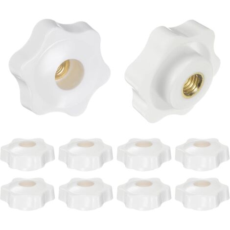 10Pcs Boutons Étoiles M8 Filetage Femelle 38mm Tête en Plastique Poignées de Serrage à Visser en Laiton à Trou Traversant, Boutons à Main Filetés, Blanc