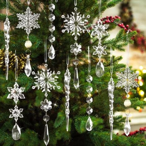 10pcs Christmas Decoration Crystal Christmas Tree Decoration Pendants, Acrylic Snowflake Icicle Hanging Ornaments
