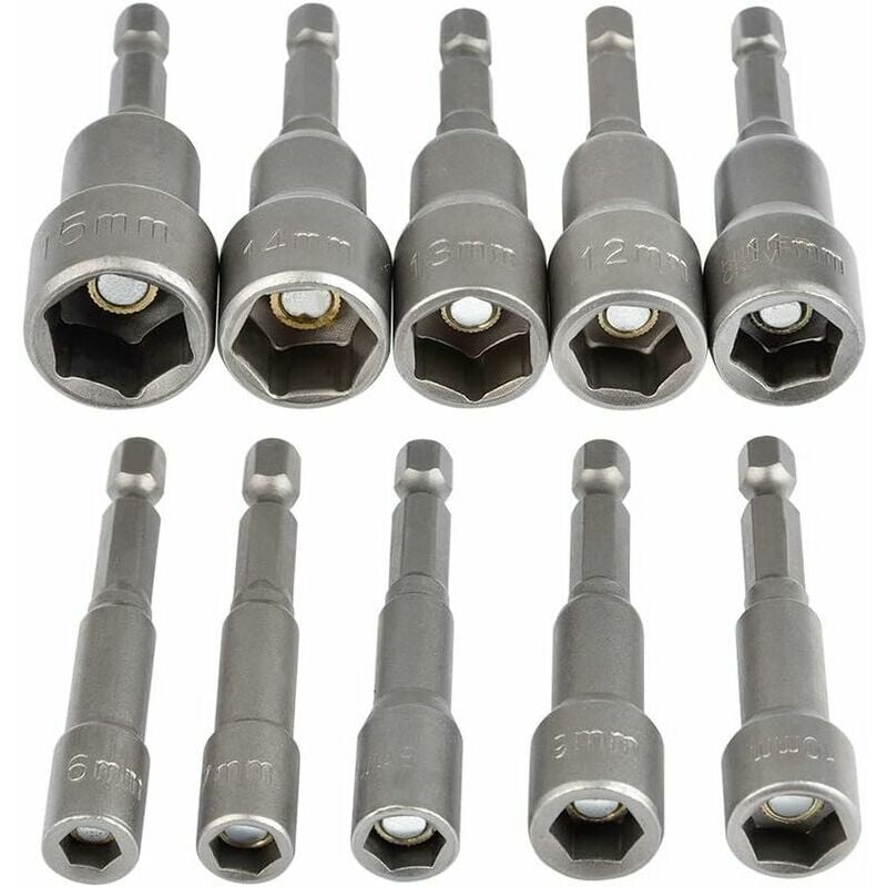 Hoopzi - 10Pcs Drill Hex Socket Socket Set Magnetic 1/4 Hex Socket Socket Adapter 6-15mm Socket Adapter Tool