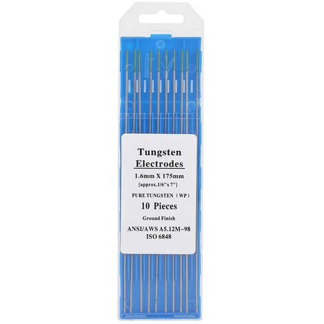 10Pcs Électrodes de Tungstène Pur WP Pointe Verte pour Soudage Tig AC, 1.0/1.6/2.0/2.4/3.2mm Électrodes de Tungstène Professionnel(1.6mm175mm)