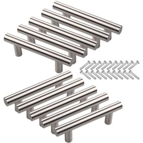 10Pcs Entraxe 64mm Poignée de Porte d'Armoire avec Vis en Acier Inoxydable T Creux Brossé en Forme Meubles de Cuisine Placard Tiroir