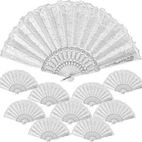 10pcs Eventail Mariée Dentelle Soie Brodée Blanc, Eventail Pliant Eventail Japonais Mariage Accessoires Décoration Mariage Danse Fete Eventail - Léger Pliable - XL - 23 x 42 cm (Blanc)