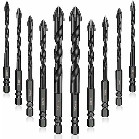 10Pcs forets à maçonnerie en carbure de tungstène, Forets Pour Carrelage Verre pour porcelaine, carrelage, béton, mur de brique, verre, miroirs, plastique, et bois - 5/5/6/6/6/6/8/8/10/12mm