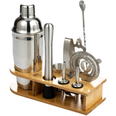 10PCS Home Bartending Kit Stainless Steel with Bamboo Tray Cocktail Mixing Tool Set for DIY Novice 550ML