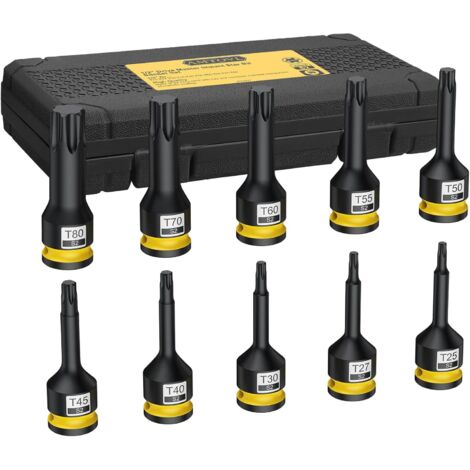 10PCS Jeu de Douilles Torx à Chocs en T 1/2'' T25-T80 Acier Allié S2 HRC58-62 Douille Femelle avec Anneau Cuir Epingle Boîte Rangement pour Réparation Automobile d’Appareil -