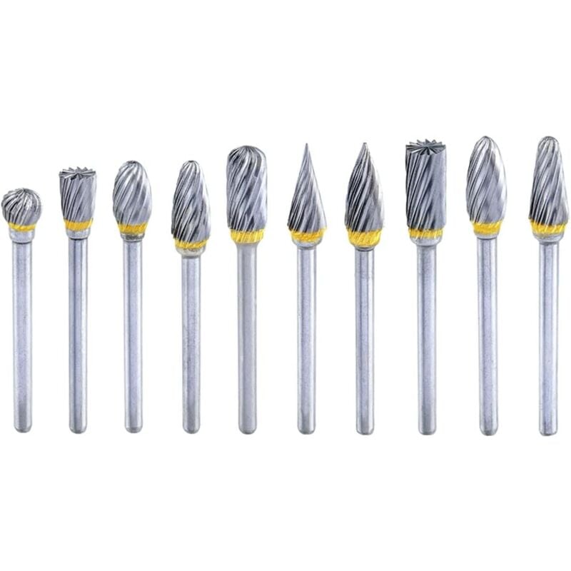 10PCS Kit de Fraises Rotatives en Carbure de Tungstène Tige Foret de Torsion Fente Simple Coupe pour Métal Polissage Gravure sur Bois Céramique