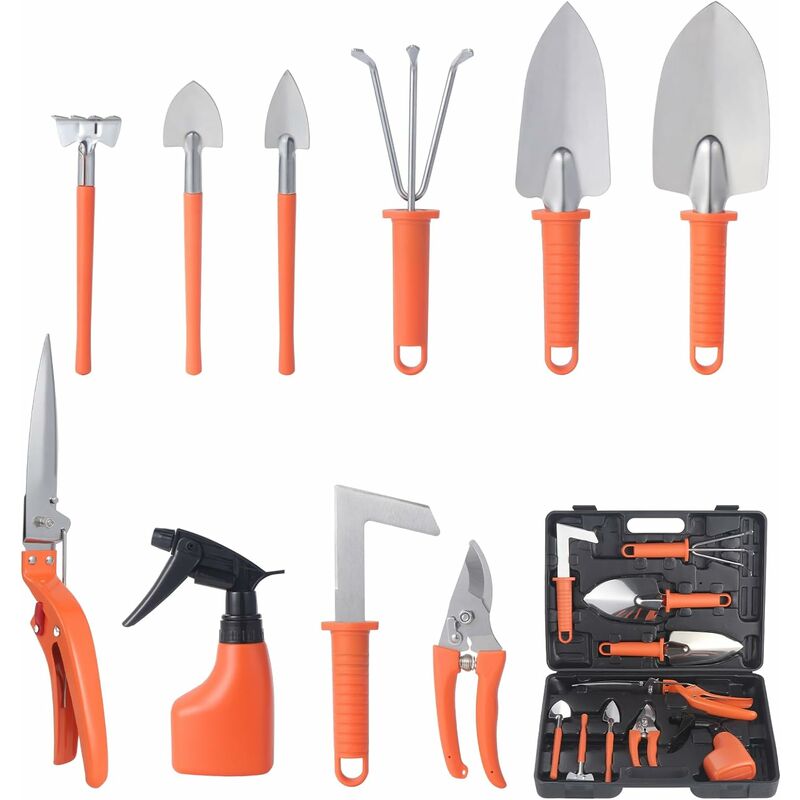 10PCS Kit d'outils de Jardin avec truelle, Outillage de Jardin Kits, Machine à Transplanter, Râteau, Sécateur, Pelle et Flacon Pulvérisateur d'eau
