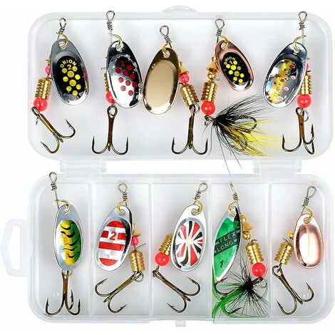 10Pcs Leurres de Pêches, Cuillers de Pêche, Leurre Artificiel, Kits Leurres pêche Appâts, Spinnerbait avec boîte de Rangement, Accessoires de Pêche pour Truite, Perche, Saumon, brochet,