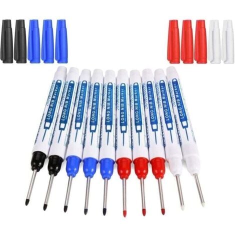 10pcs Marqueur Charpentier, Stylo Marqueur Indélébile à Pointe Longue de 30 mm, Marqueur de Precision Chantier (Noir Bleu Rouge Blanc)