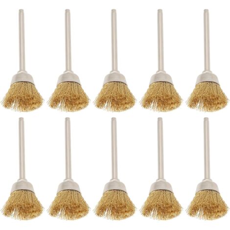 10pcs Mini Brass Metal Brushes with 3mm Shank Rotary Tool Brass Metal Brush for Metal Wood Stone Surface Cleaning Rust Removal Polishing Deburring