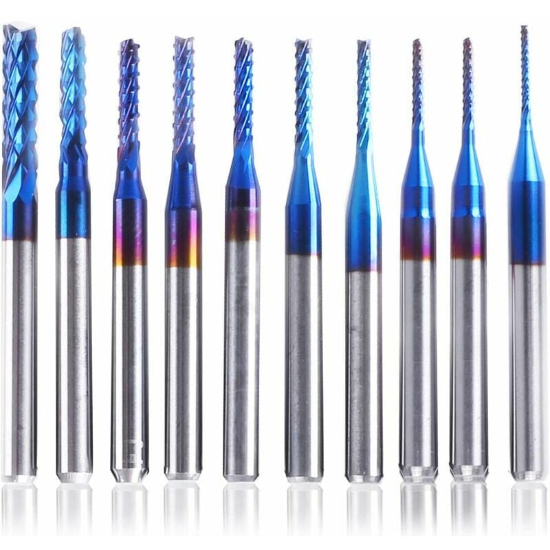 10Pcs Nano Blue Coat cnc Milling Cutter, 0.8-3mm, 1/8 Shank