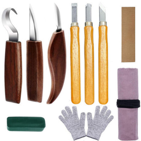 10Pcs Outils Sculpture sur Bois en Acier Carbone Ensemble d'outils de Sculpture sur Bois avec Couteau à Crochet Couteau