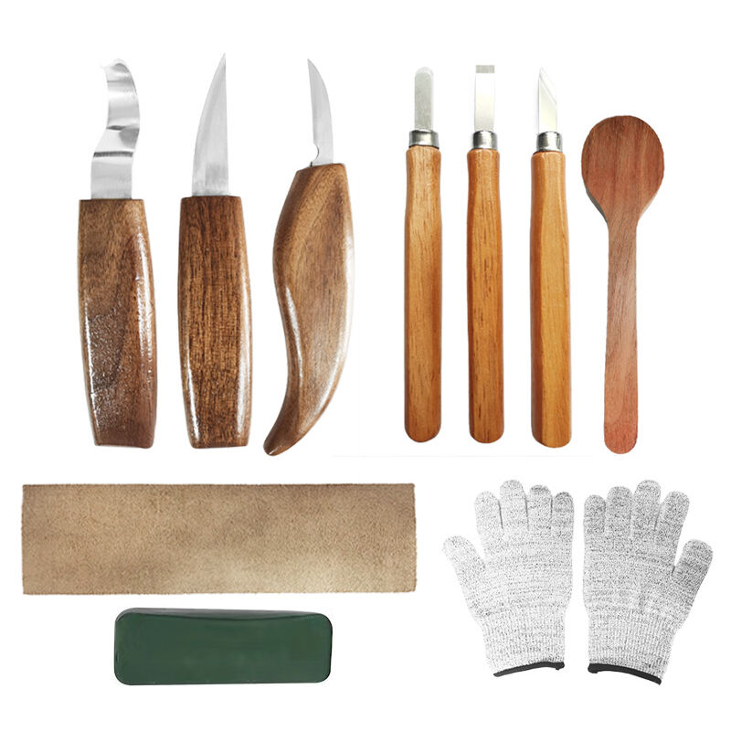 10pcs Outils Sculpture sur Bois, Kit Sculpture Bois avec 3 ux à Bois, 3 Couteau Sculpture Bois,Gants, Professionnels Outillage Bois Sculpter pour