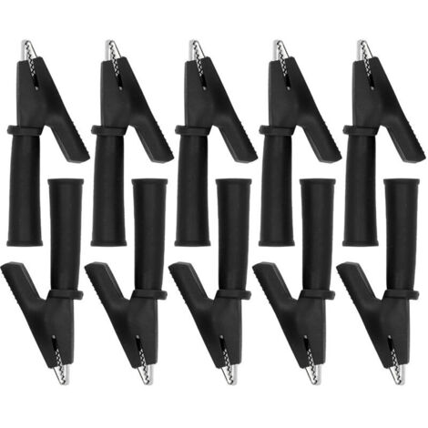 10Pcs Pinces crocodiles pour cordons de test Pinces multimètre de sécurité isolées en laiton PVC pour fiche banane 4 mm Noir