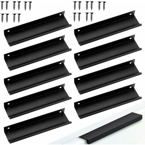 10pcs Poignées de meuble Poignée d'armoireEspacement des vis Dissimulée Poignée Poignée de Meuble en Aluminium Cuisine Poignées Poignée de tirage de bord de doigt dissimulée noire (10, 96mm)