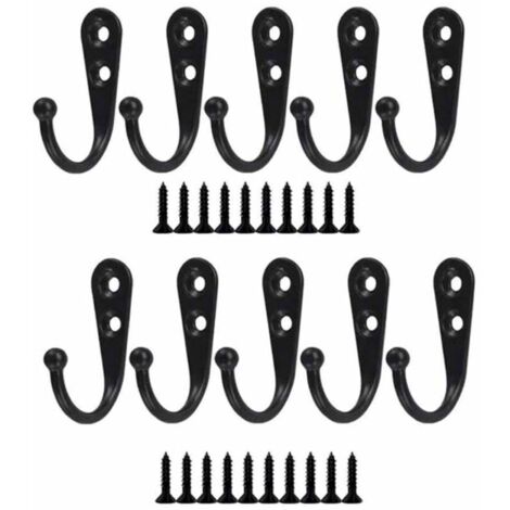 10pcs Rétro Crochet de Manteau Métal Noir Patère Murale à Visser Individuelle Patère Porte Manteau Vintage Murale pour Peignoir Maison Etagères Tiroirs Casiers Salle de Bain avec 20 vis