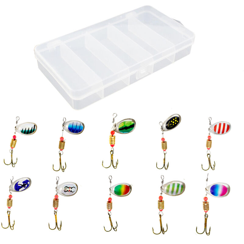 

10pcs Spinner Cebo Senuelo de pesca Cuchara giratoria Senuelos de metal Lubina Juego de senuelos de trucha Cebo de cuchara Cebos duros con caja de