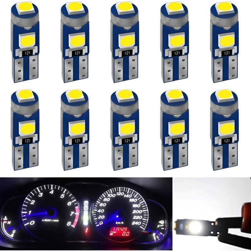 10pcs T5 W3W 2721 27 37 286 PC74 led Bulb 12V 20lm 0.7W 3SMD 3030 Chips Car Interior Lights Dashboard Auto Instrument Lamp Replacement (White)