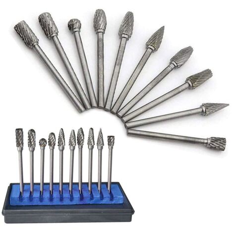10pcs Tungsten Carbide Burr Set with Grinding Head for Dremel Rotary Tools, Metal Drilling and Polishing