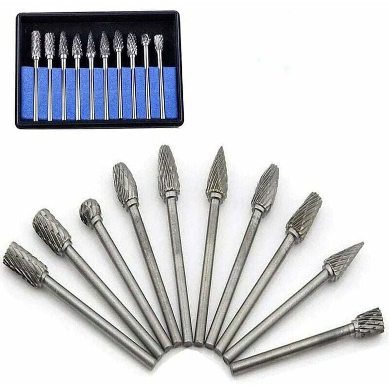 Hoopzi - 10pcs Tungsten Carbide Rotary Burr Set with Grinding Head for Dremel Rotary Tools, Metal Drilling and Polishing