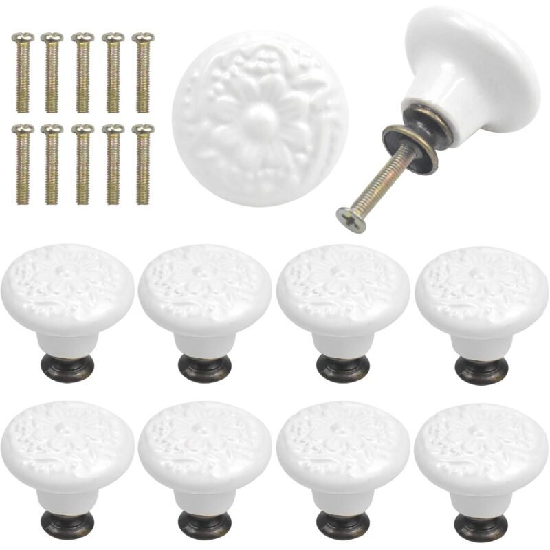 Kcvv - 10PCS Vintage Tiroir de Porte Poignée en Céramique, 34mm Rond Boutons de Tiroir, Bouton de Meubles, Boutons de Porte, Poignées de Meuble pour