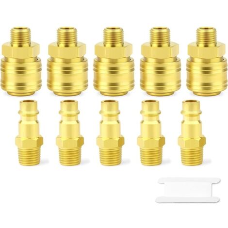 10pièces Raccord industriel mâle et bouchon d'air Deutscher Stil 1/4 pouce, raccord rapide pour air comprimé 1/4 pouce à débit de base, bouchon d'air