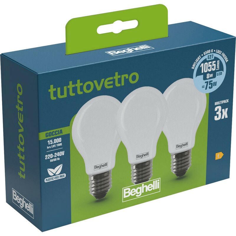 10PZ beghelli led 58052 goccia E27 W8 FR6500K set