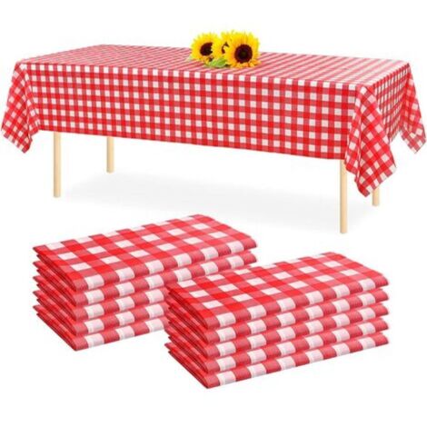 10Une nappe en plastique jetable à motif quadrillé.54 x 108Nappe rectangulaire à carreaux rouges et blancs de 2,5 cm de large