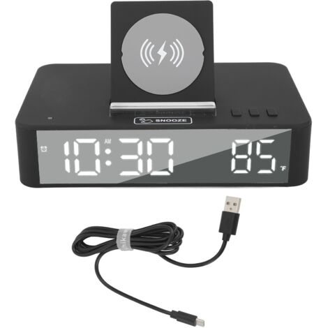 10W Digital Alarm Clock One Button Lifting LED Mirror Electronic Clock with 10W Wireless Charging for Bedroom Office Home EN001 Black