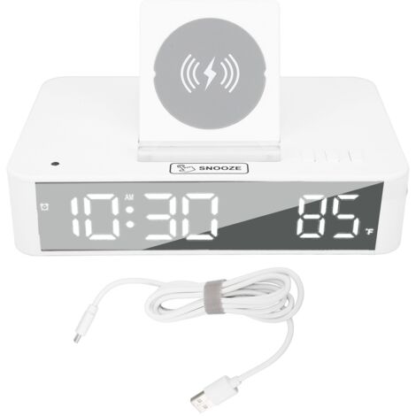 10W Digital Alarm Clock One Button Lifting LED Mirror Electronic Clock with 10W Wireless Charging for Bedroom Office Home EN001 White