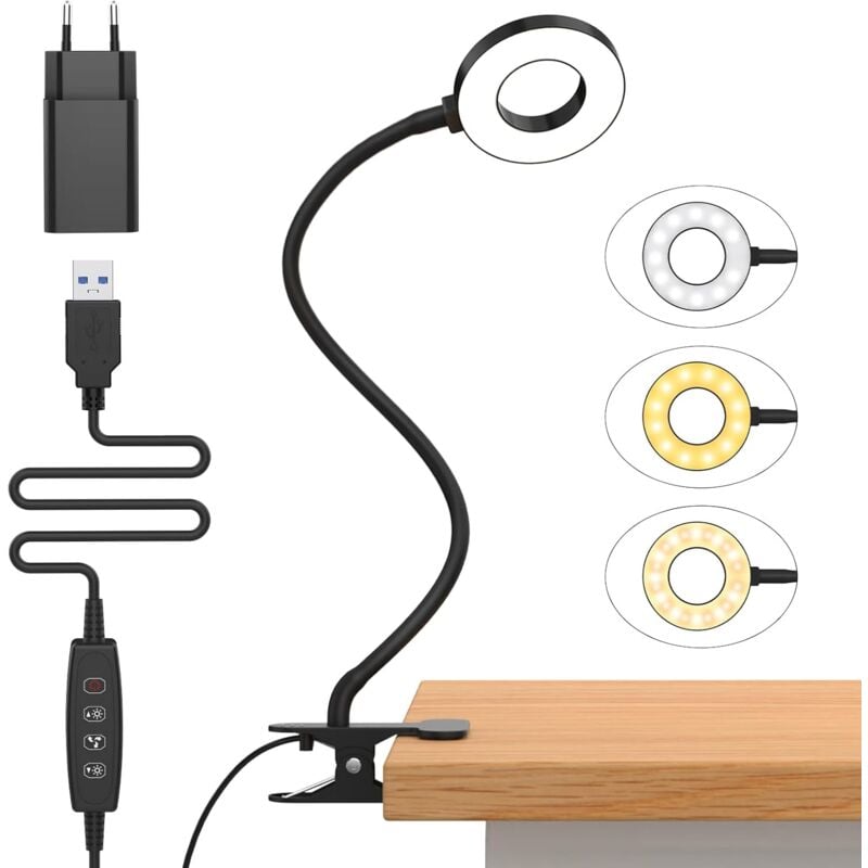 Tonchean - 10W Lampe de Bureau à Pince avec Adaptateur USB[3 Modes d'Éclairage &10 Niveaux de Luminosité] Flexible à 360°Lampe Lecture Clipsable,