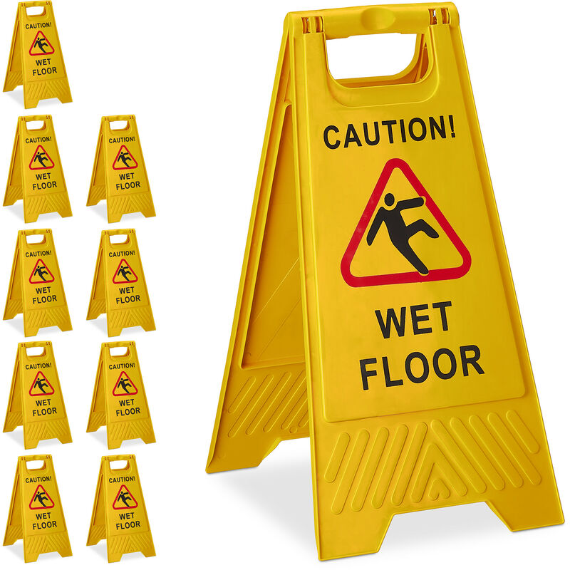 Relaxdays Warning Sign, 10x Set, Wet Floor, Caution, Foldable, Restaurants, Offices, Double Sided, Practical, Yellow