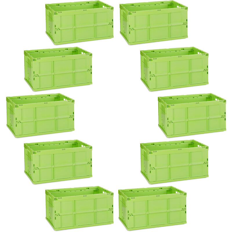 Image of 10x Cassetta Pieghevole, Stabile, da Lavoro, Plastica Resistente, Scatola Portaoggetti 60L, 31,5 x 58,5 x 40 cm, Verde